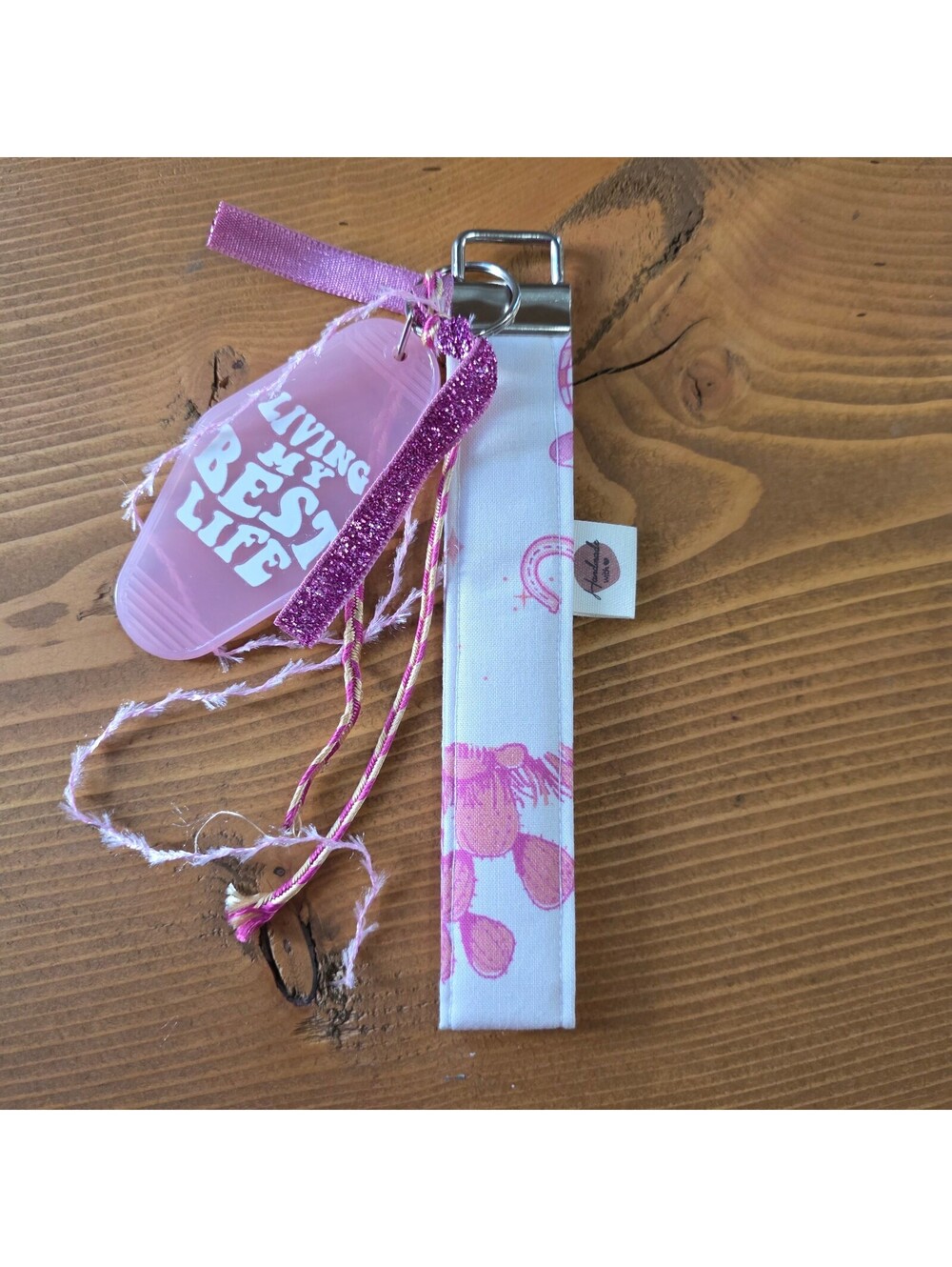 Handmade Pink Western Fabric Wristlet with "Living my best life" keychain